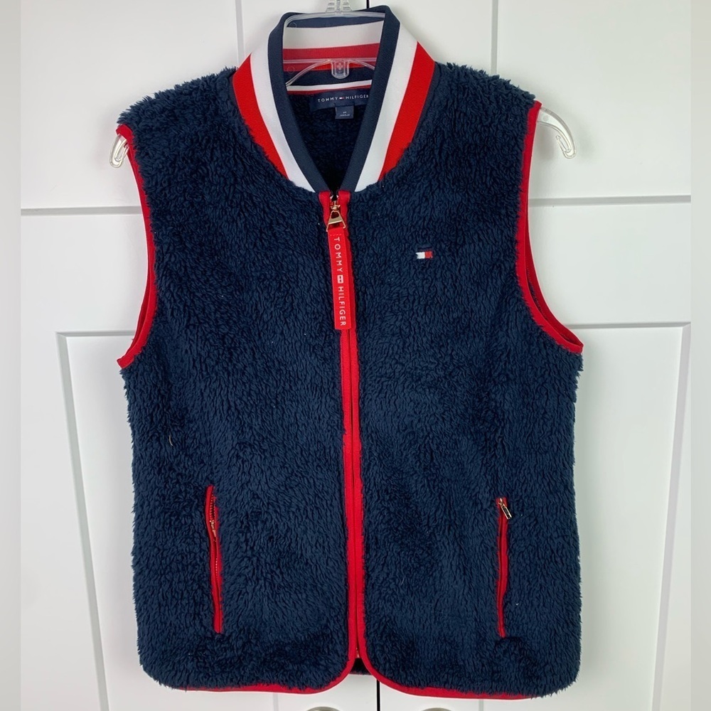Tommy Hilfiger Women’s MEDIUM Fleece Best Zip Front Navy Y2K Preppy